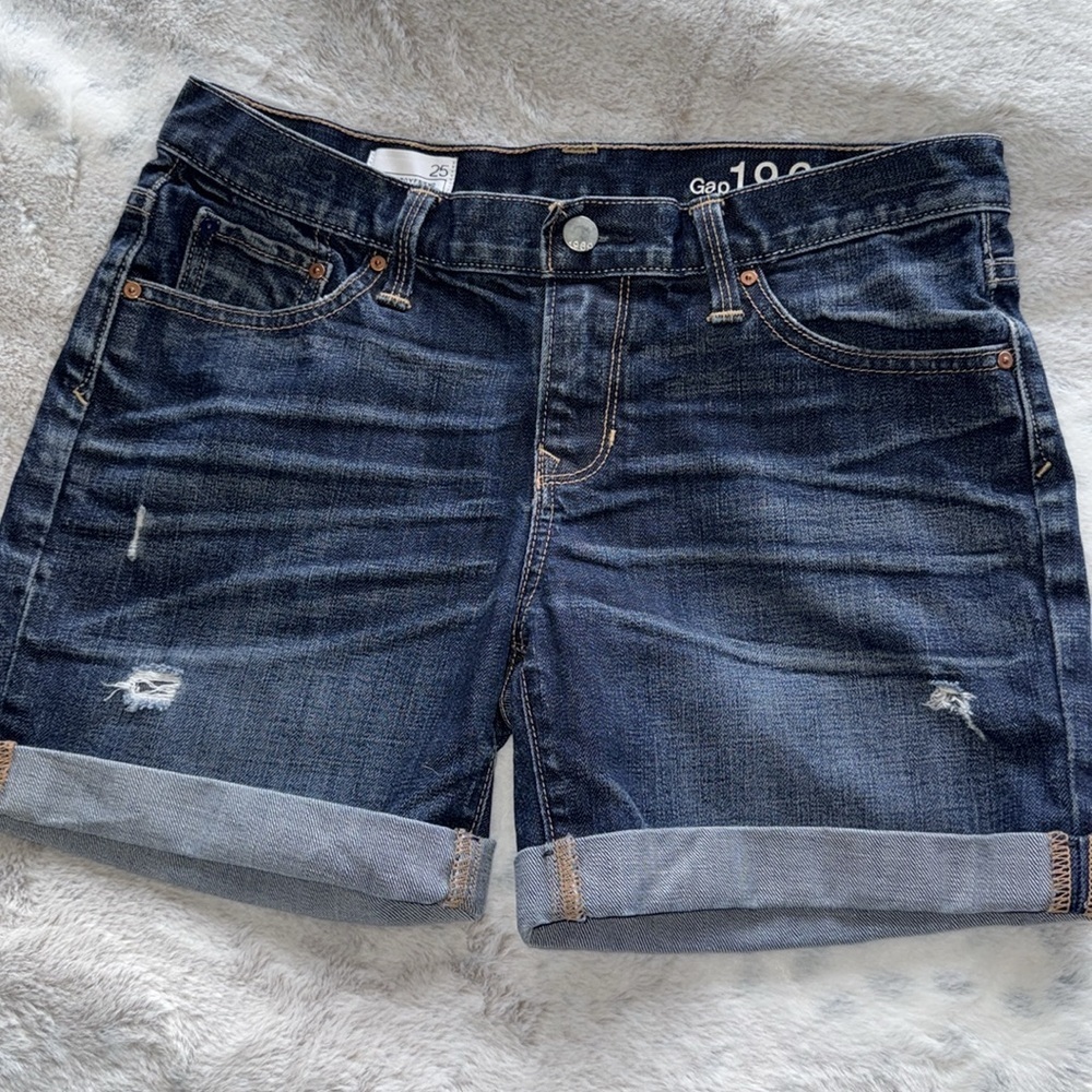 Gap 1969 Sexy Boyfriend Dark Denim Mid Rise 5”Shorts Stretch Cuffs Fleut Wash 25 - Picture 4 of 13